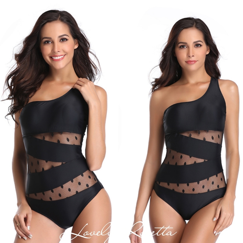 Black One-Shoulder Polka Dot Swimsuit
